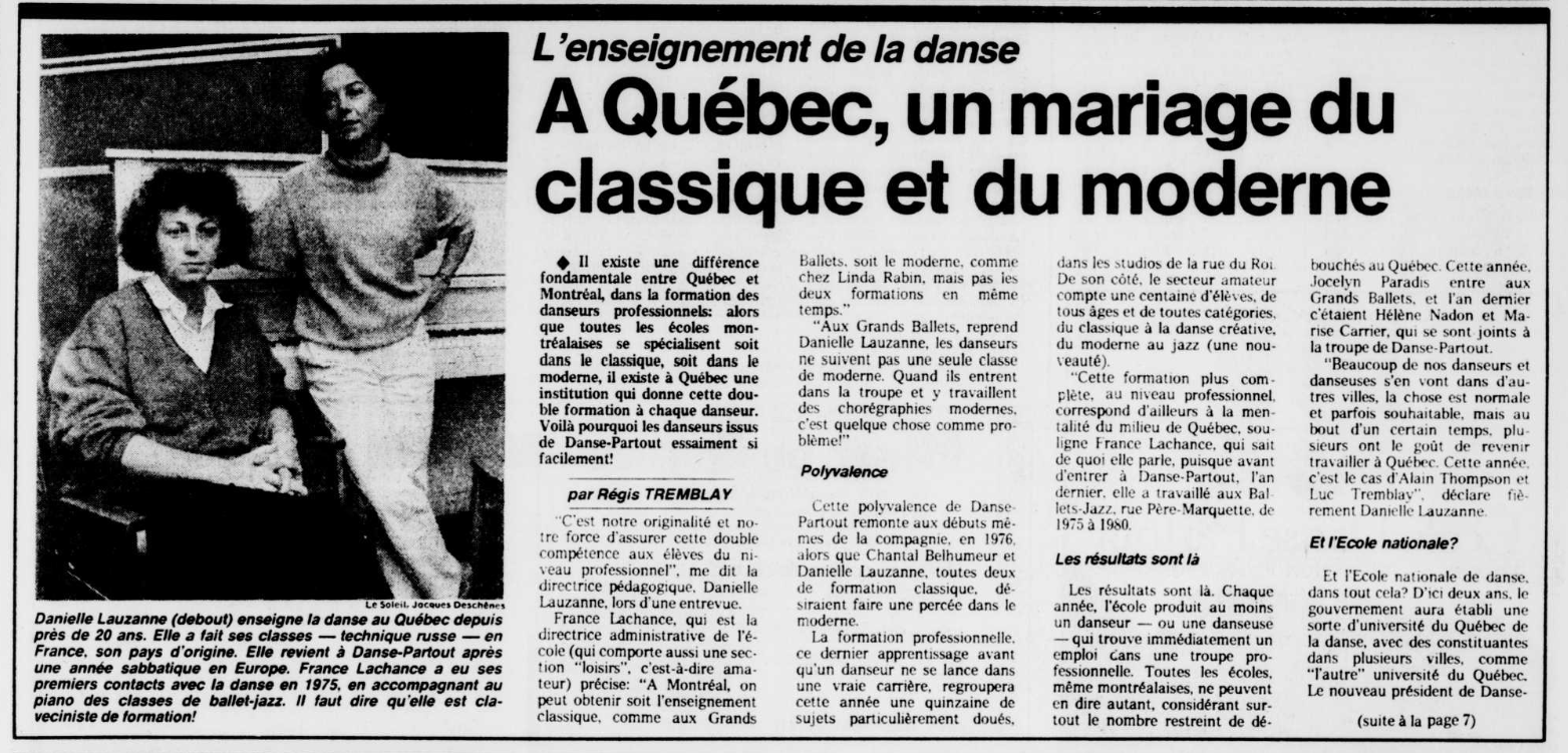 Danielle Lauzanne - Journal Le Soleil Québec - samedi 31 août 1985
