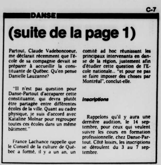 Danielle Lauzanne suite - Journal Le Soleil Québec - samedi 31 août 1985
